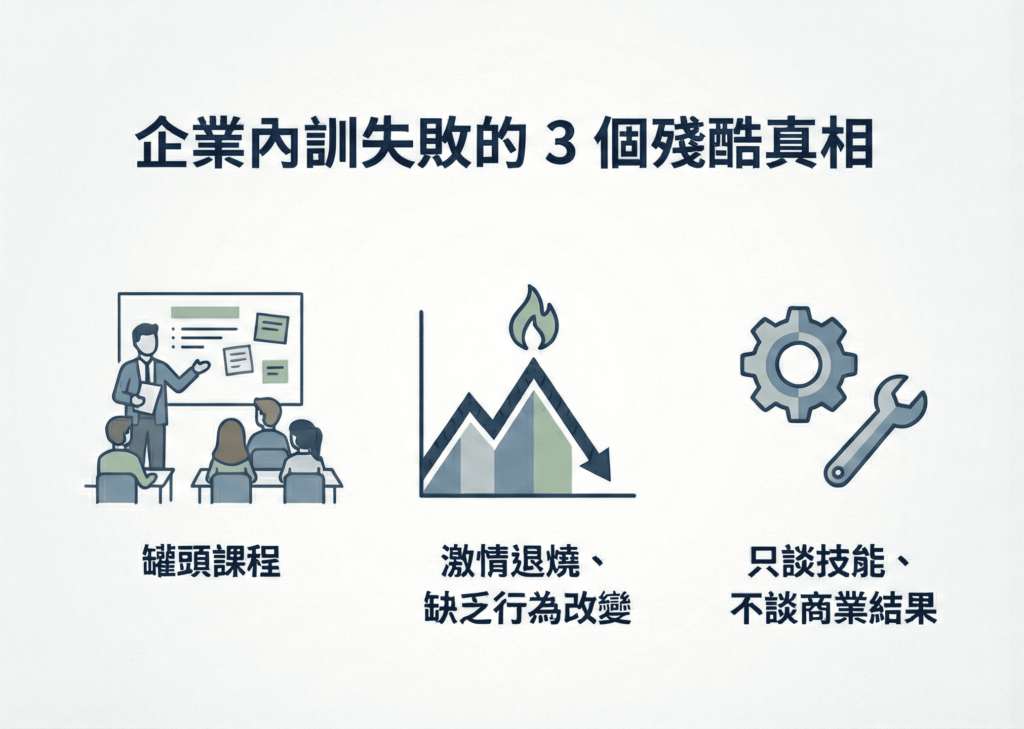 企業內訓失敗的三個殘酷真相，包括罐頭課程、激情退燒缺乏行為改變，以及只談技能不談商業結果