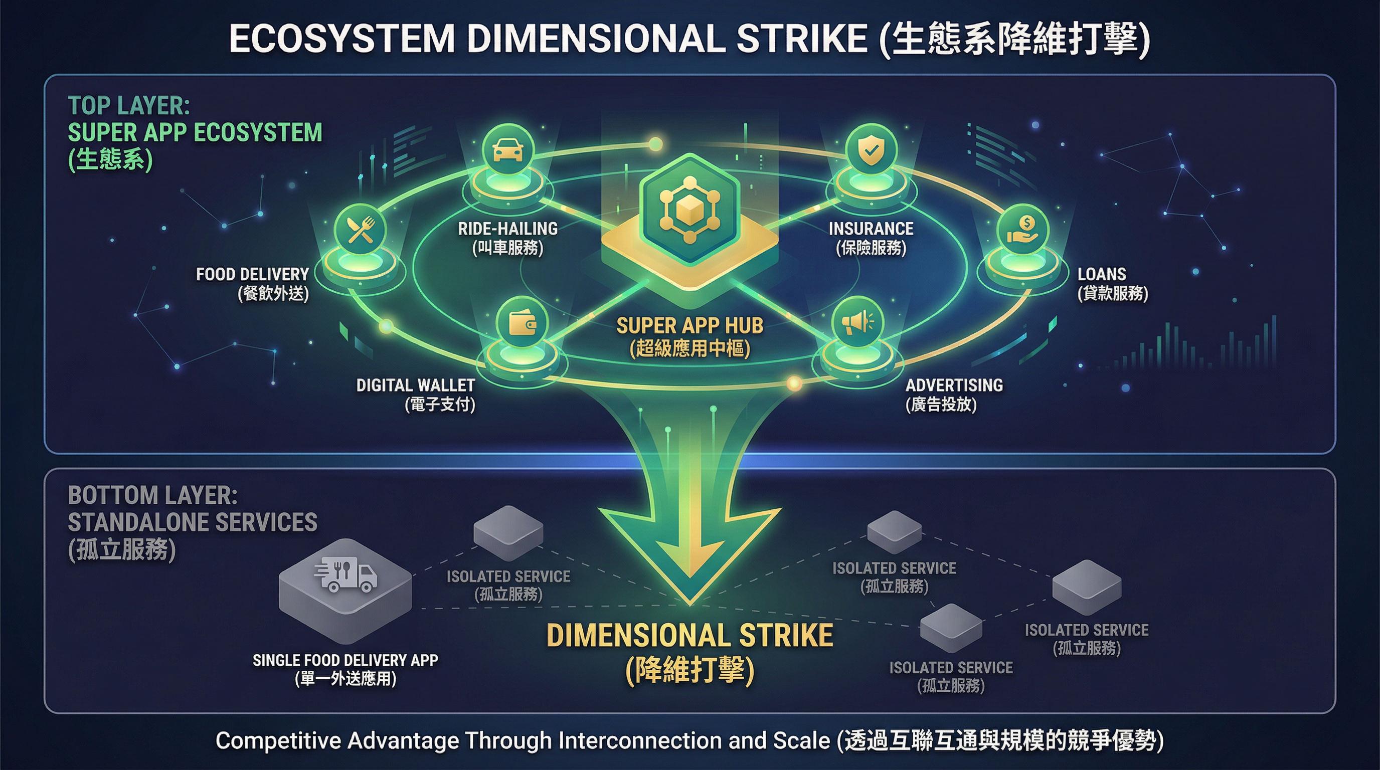 生態系降維打擊策略圖：超級應用vs單一外送平台競爭優勢分析