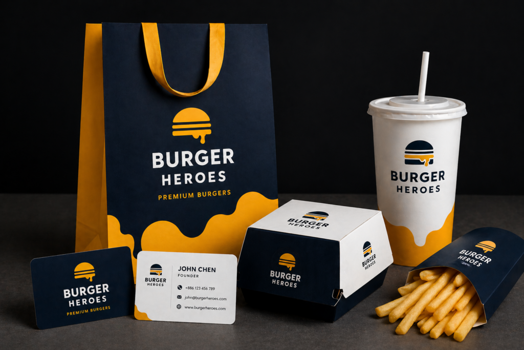 BURGER HEROES 品牌包裝 紙袋 漢堡盒 外帶杯 薯條盒 統一品牌配色