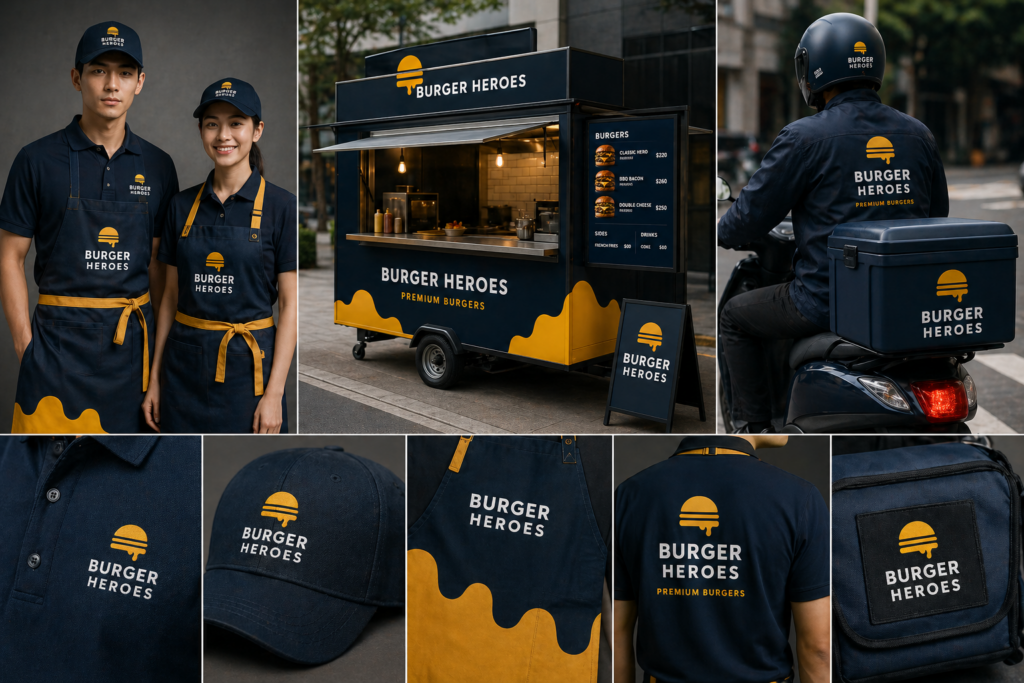 BURGER HEROES 員工制服 Polo 衫 圍裙 外送機車 餐車 LOGO 刺繡細節