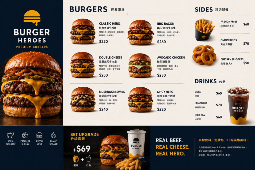 BURGER HEROES 菜單設計 經典漢堡 繁體中文 價格資訊 雜誌風格