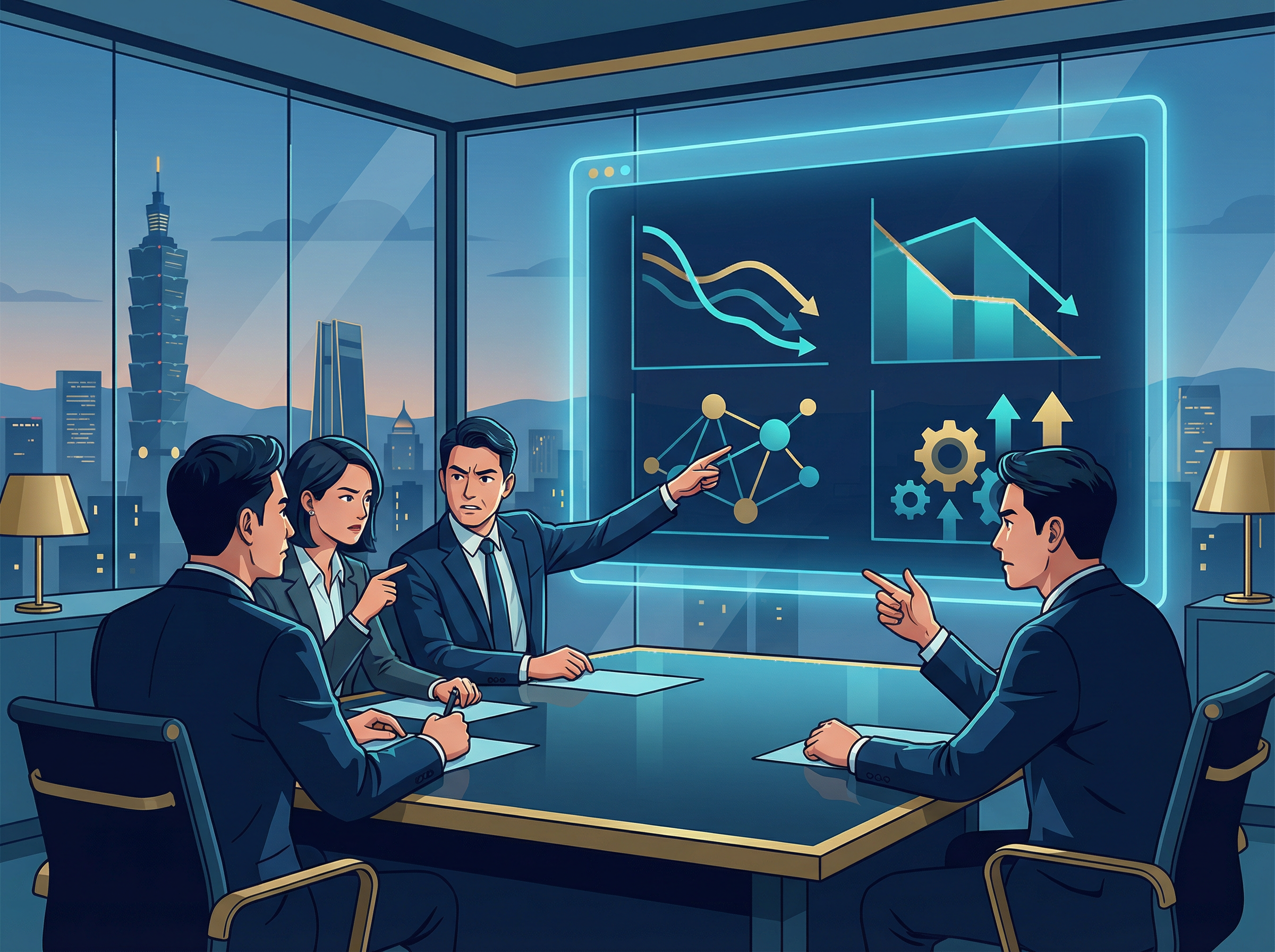 企業面對人口下降與市場轉型的決策會議插圖