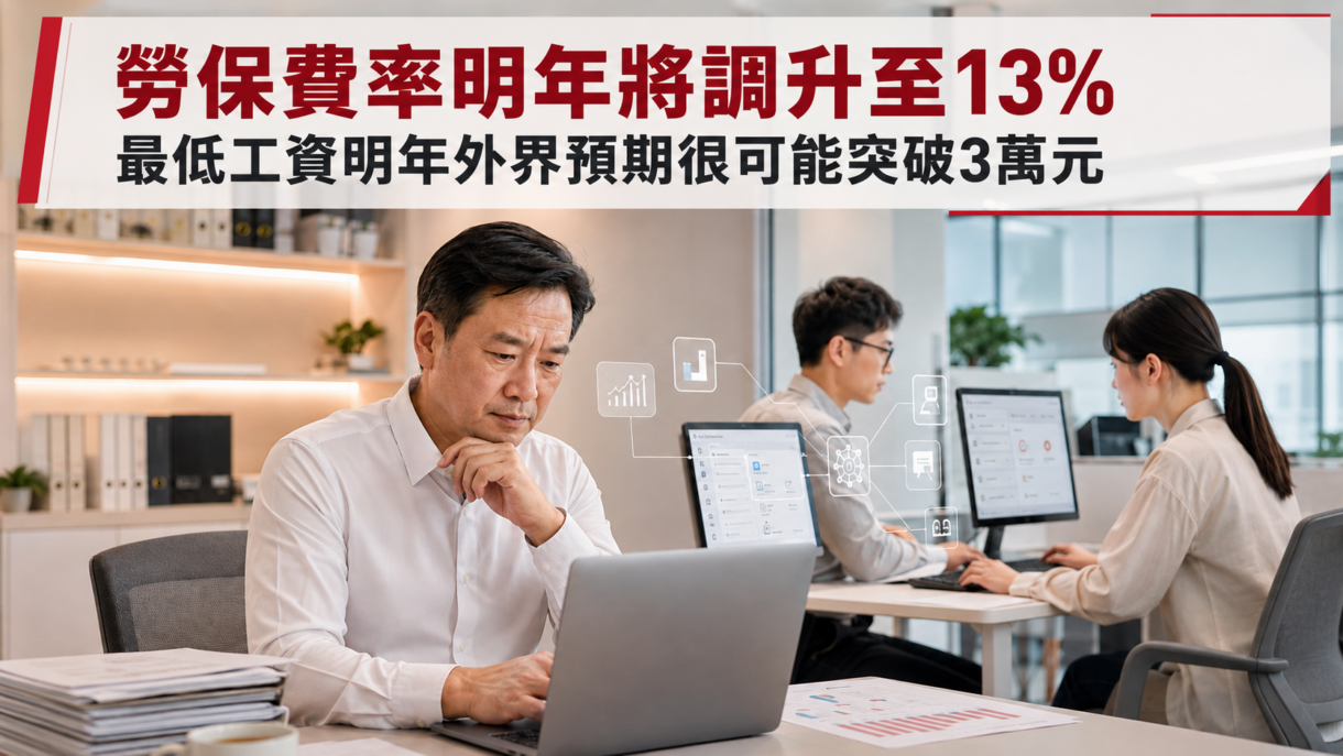 勞保費率明年將調升至13%，最低工資可能突破3萬元，企業導入AI降低人力成本
